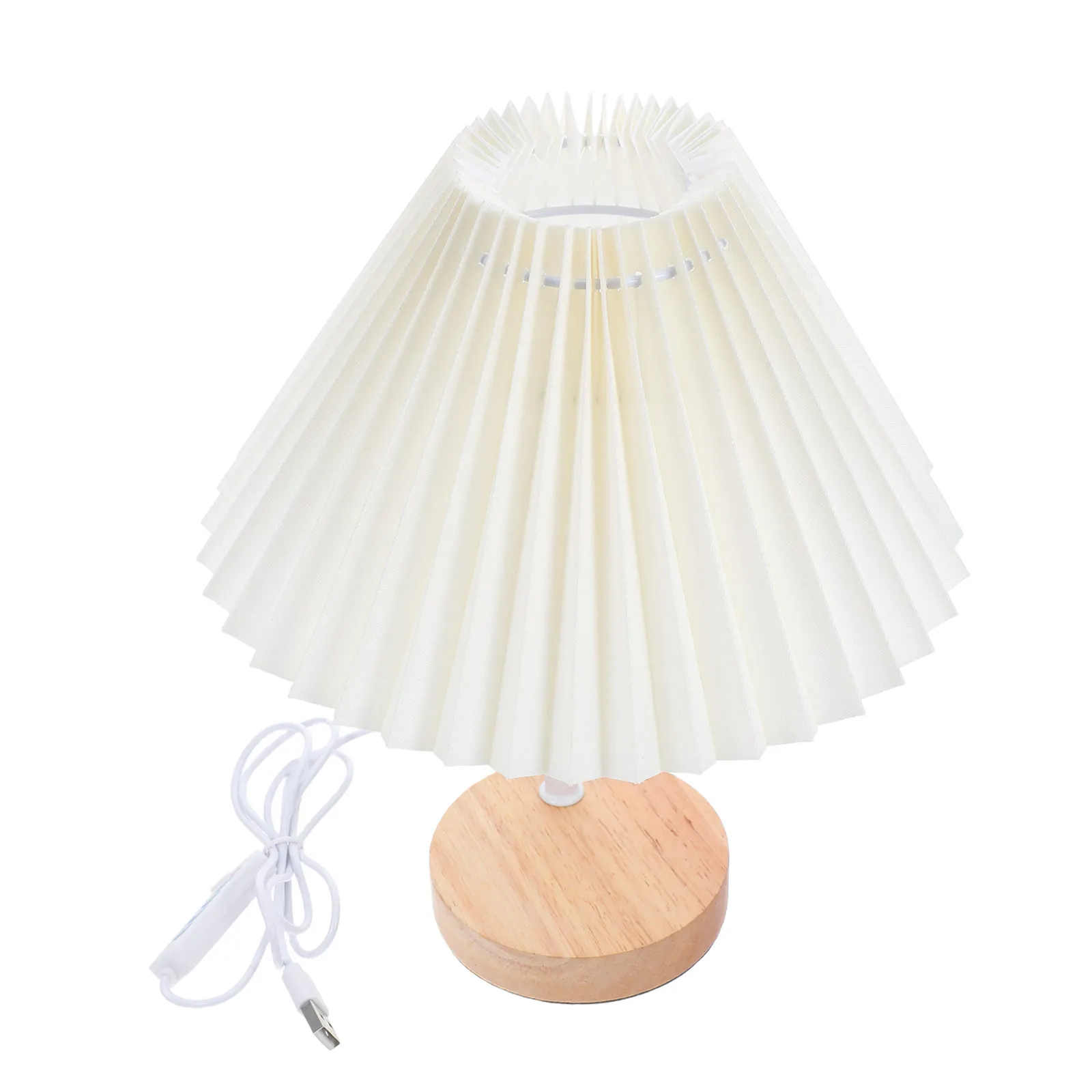 Pleated Modern Bedside Lamp USB Charging Port Dimmable Warm Light Wooden Base Nightstand Table Lamp for Bedroom Decor Small