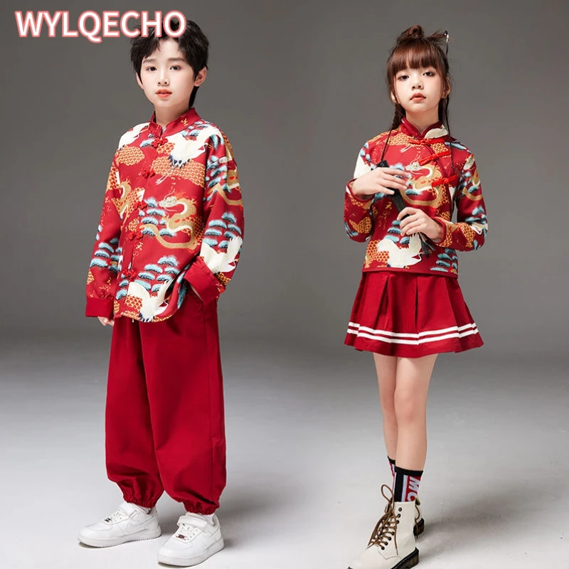 Boy Ancient Tang Costume Stage Clothing Red Chinese Style Printed Clothes Set Girl Hanfu Skirt Style Chinese New Year Outfit