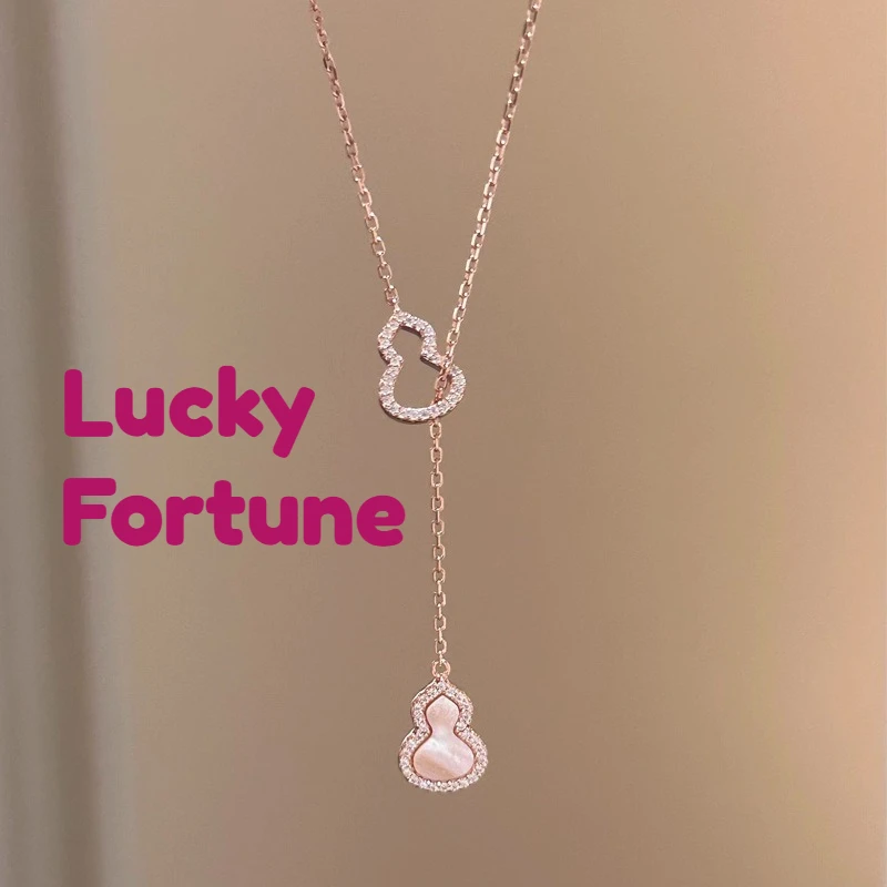 Gourd Pink Fritillary Pendant Women's Clavicle Chains Good Fortune Wealth Jewelry Necklaces Chinese Lucky Hollow Gourd Design