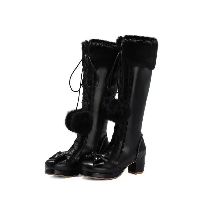 

Lolita Cute Sweet Girls Round Toe Lace-up Tall Boots with Pom-poms Warm Cosplay Princess Long Boots for Women