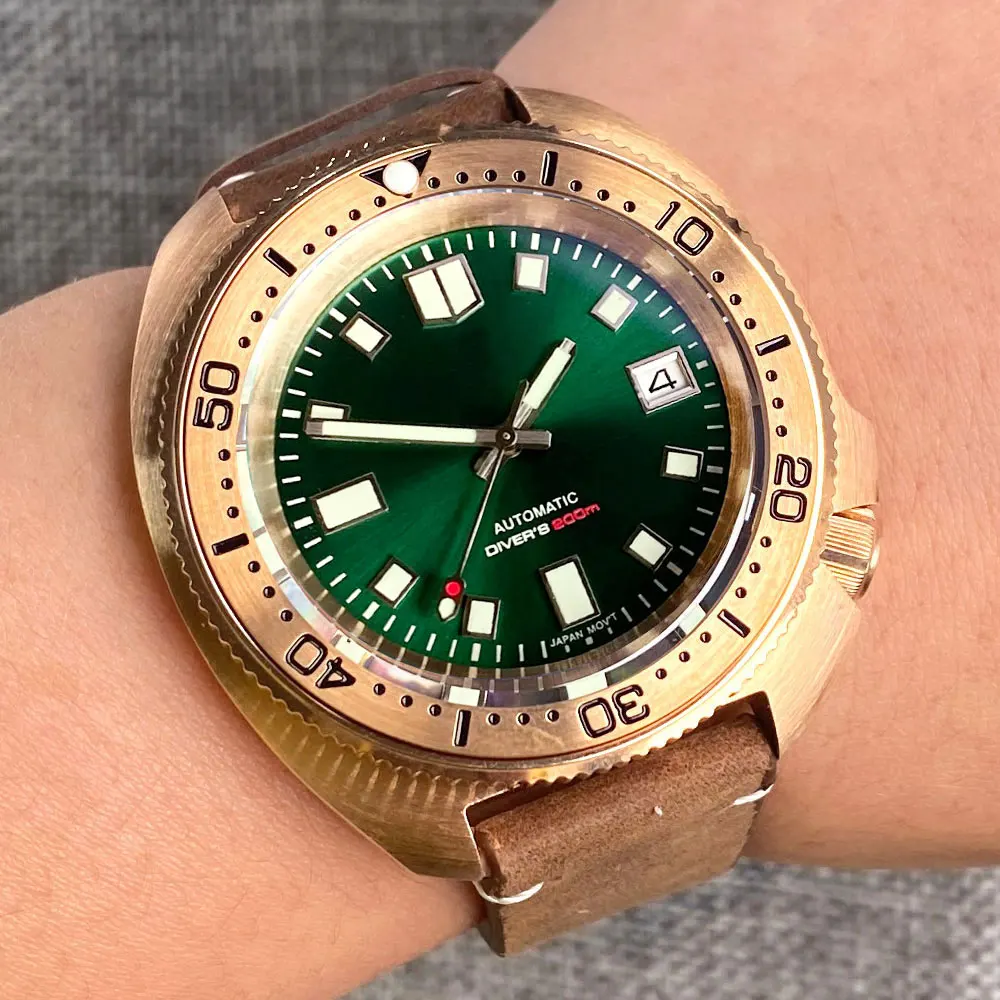 Relógio mecânico Real Bronze Turtle Dive, movimento NH35, sunburst, mostrador verde, relógio de pulso impermeável masculino, Green Lume