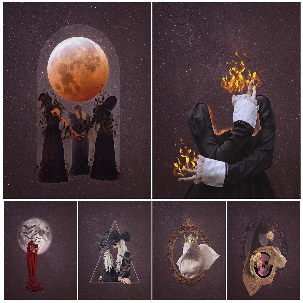 

Witch Sisters And The Full Moon Abstract Wall Art Canvas Painting Surreal Fantasy Female Power Art Poster Print Home Decoration