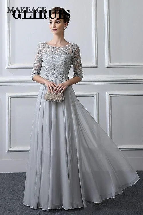 Robe de soirée en mousseline de soie pour mère de la mariée, demi-manches, appliques en dentelle, argent, ligne A, robe d'invité de fête de mariage