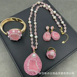 New natural baroque pearl powder crystal four-piece set niche personalized rough stone inlay set factory wholesale