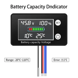 Battery Capacity Indicator DC10-100V LCD Color Lead Acid Lithium Battery Voltmeter Digital Voltage Tester Temperature Control