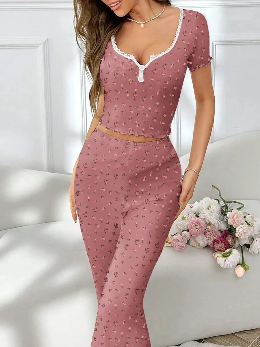 Women Floral Print Pajama Sets Long Sleeve Top +Pants Lovely Loungewear Set Female Home Clothes Elastic Waistband Nightwear Suit