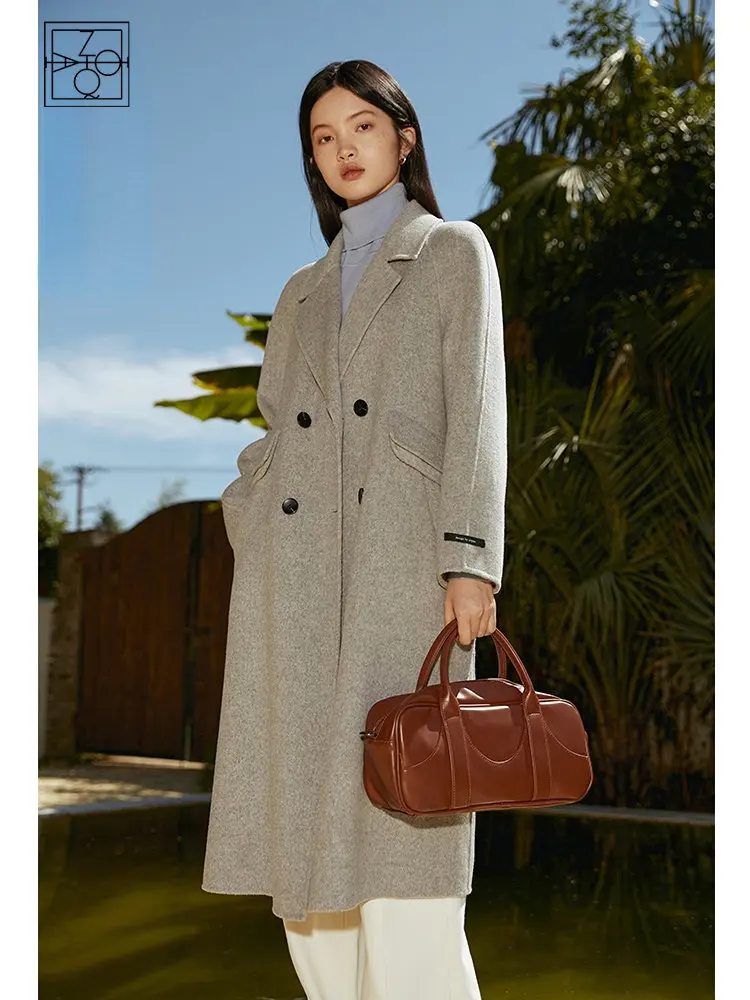 

ZIQIAO High-grade Pure Wool Double-sided Woolen Long Coat Women 2022 Winter Hepburn Style Design Sense Female Commuter Wool Coat