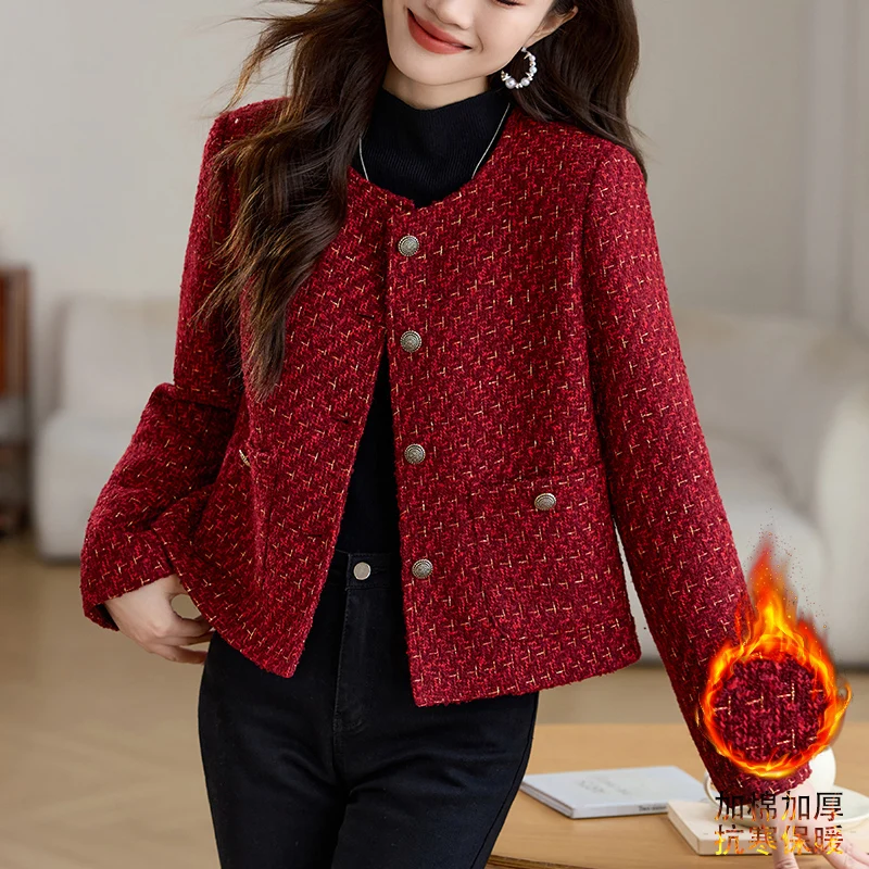 2024 New Autumn Winter Women Single Breasted Slim Jacket High Quality Elegant Thicken Cotton-padded Red Tweed Jacket Outwear