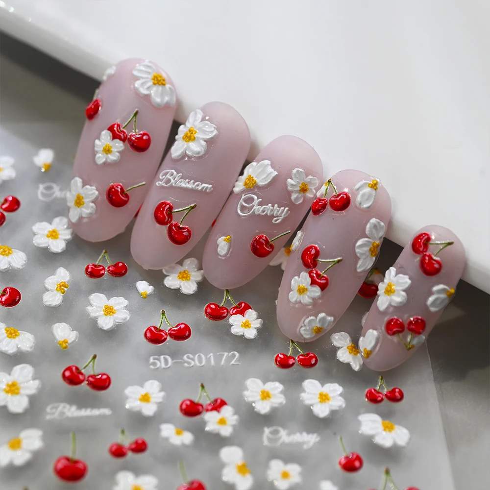5D Fresh Cherry Daisy Blossom Flowers Nail Stickers Embossed Spring Floral Fruit Cherry Design Nail Decals Diy Cute Manicure Dec
