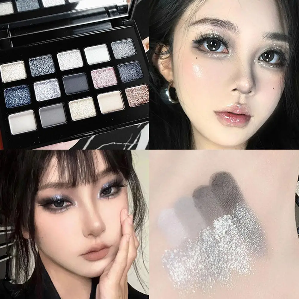 15 Colors Smokey Eyeshadow Palette Cool Toned Cement Gray Black Matte Glitter Eye Shadow Plate Makeup