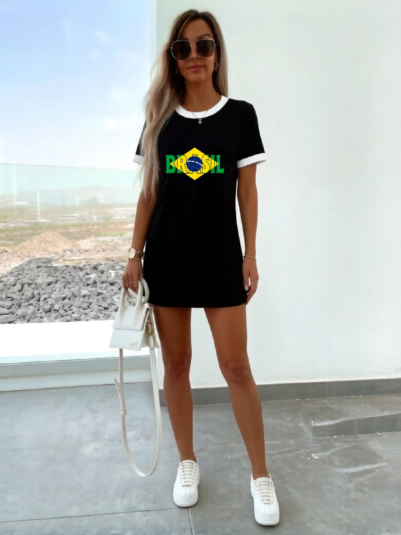 Retro Style Brasil Brazilian Flag Diamond Letter Print Color-Block Round Neck Short-Sleeve T-Shirt Dress Slim Fit Hip-Hugging Dress Summer Streetwear Casual Versatile Mid-Length T-Shirt Dress Women's Fashion