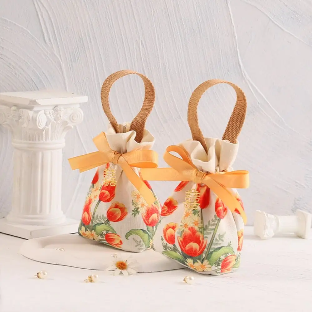 Floral Rose Flower Drawstring Bag Tulip Pearl Pendant Ribbon Bowknot Handbag Large Capacity Jewerly Packing Bag