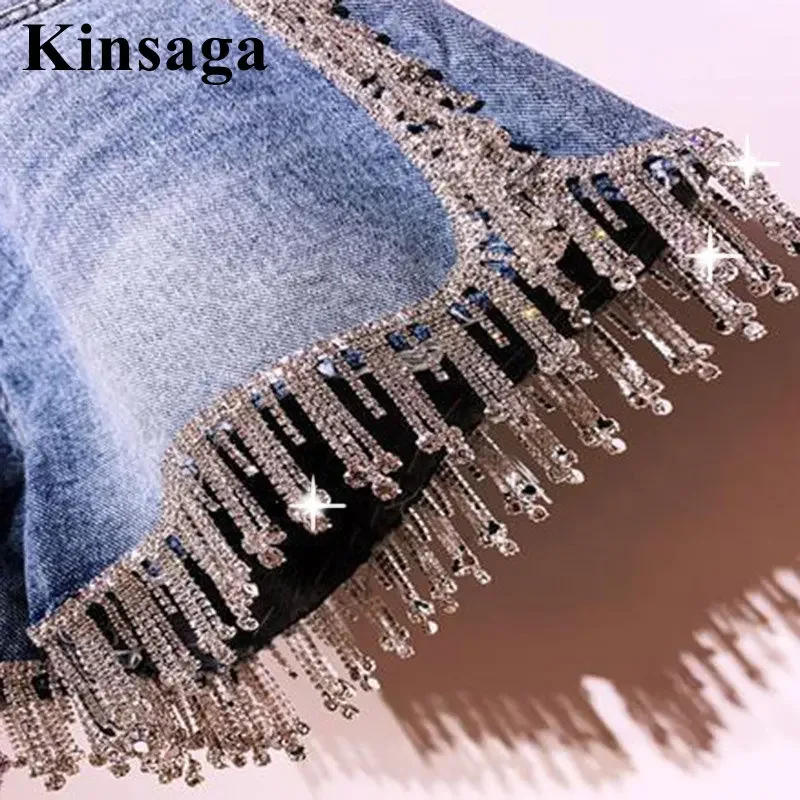 Boutique Rhinestone Purl Jean Shorts Women Street Patchwork Studded Diamond Demin Hot Shorts High Waist Wide Leg Tassels Bermuda