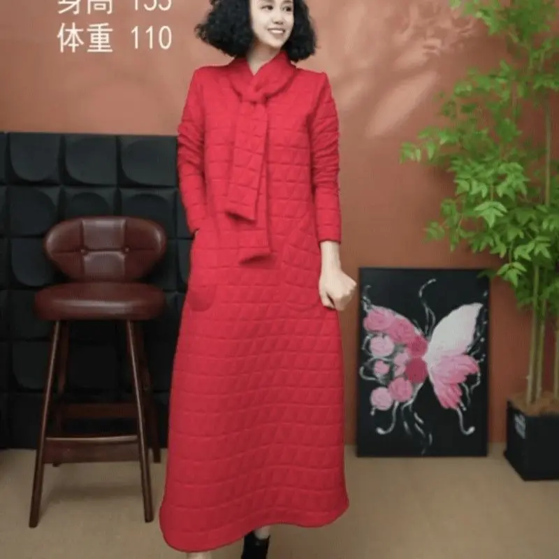 

Длинное платье для мам, осенне-зимние мешковатые платья, вязаное однотонное винтажное утепленное платье, женская универсальная модная одежда больших размеров C243