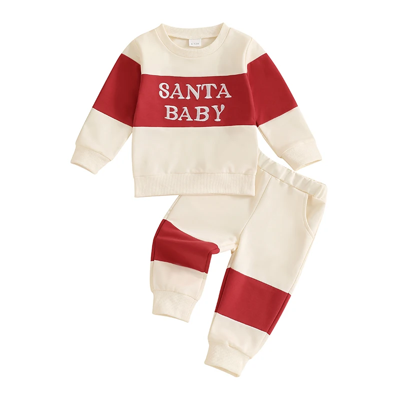 

Baby Boy Christmas Outfit Letter Embroidery Contrast Color Long Sleeve Sweatshirt and Elastic Pants 2 Piece Clothes