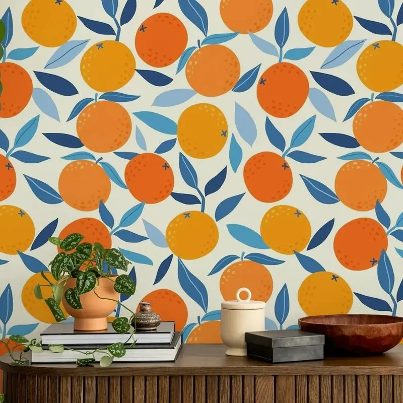 Oranges Tropical Wallpaper,Bright Oranges And Soft Blues Spread Summer Wallpaper For Luxury Room,Peel And Stick Wallpaper,50*300