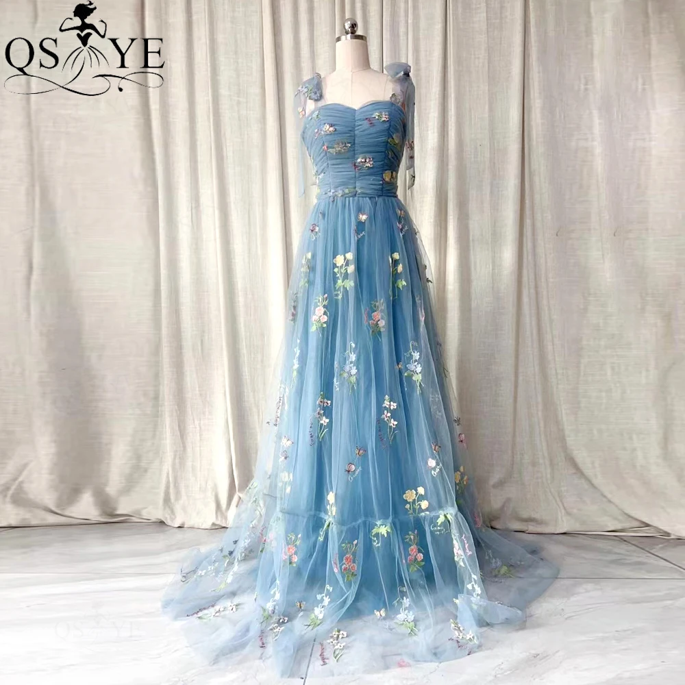 

Light Blue A line Prom Dresses Cute Fresh Look Floral Pattern Lace Tie Straps Evening Gown Ruched Tulle Long Party Gown Women