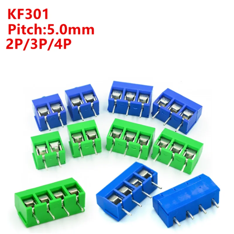 10/20/50Pcs/lot KF301-5.0-2P KF301-3P KF301-4P Pitch 5.0mm Straight Pin 2P 3P 4P Screw PCB Terminal Block Connector Blue Green
