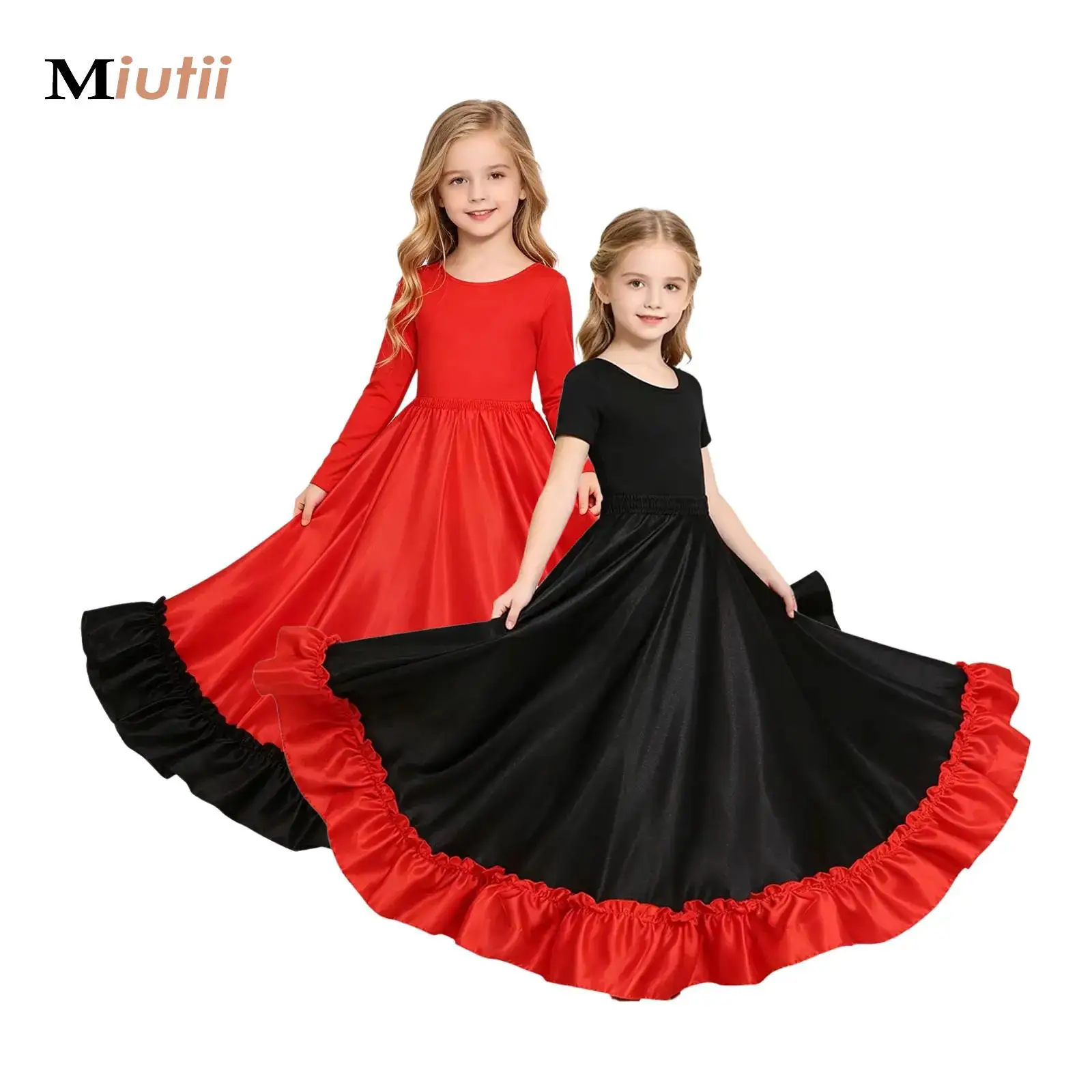 

Kids Girls Spanish Bull Dance Skirts Flamenco Belly Dance Performance Big Swing Folklorico Costume 180D 360D Ruffled Hem Skirt