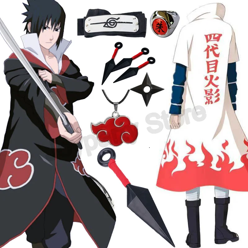 АнимеNinja Косплей Намикадзе Минато Акацуки Косплей Костюм ниндзя Учиха Итачи Плащ с красным облаком Халат Плащ Повязка на голову Реквизит