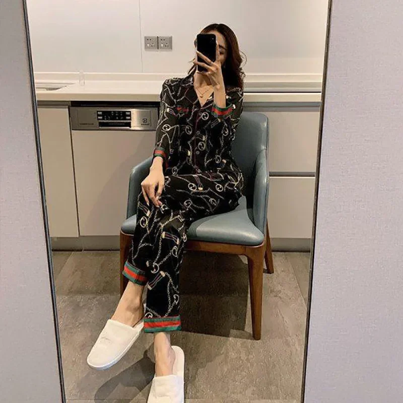 Women Plus Size Pajamas Silk Long Sleeve School Loungewear Two-Piece Fashion Webbing Chain Pattern Trouser Set Sexy Sleepwear image 4