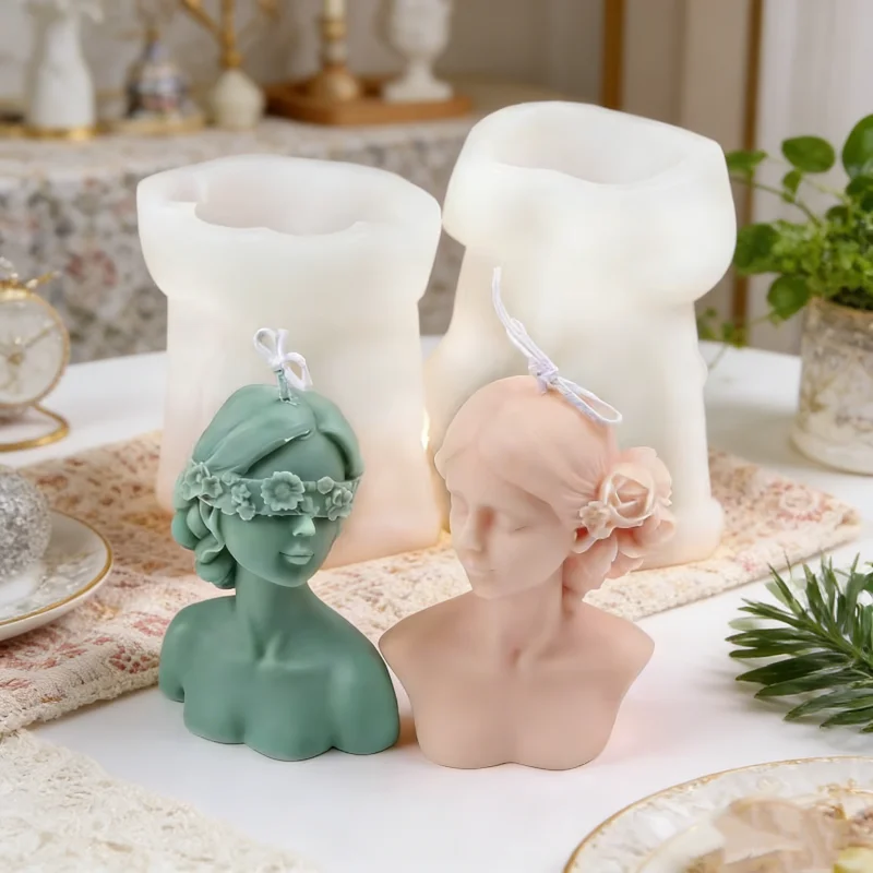 3D Lady Female Bust Silicone Candle Molds Charming Floral Blindfold & Rose Hair Resin Mold DIY Aesthetic Art Studio Gifts Decor