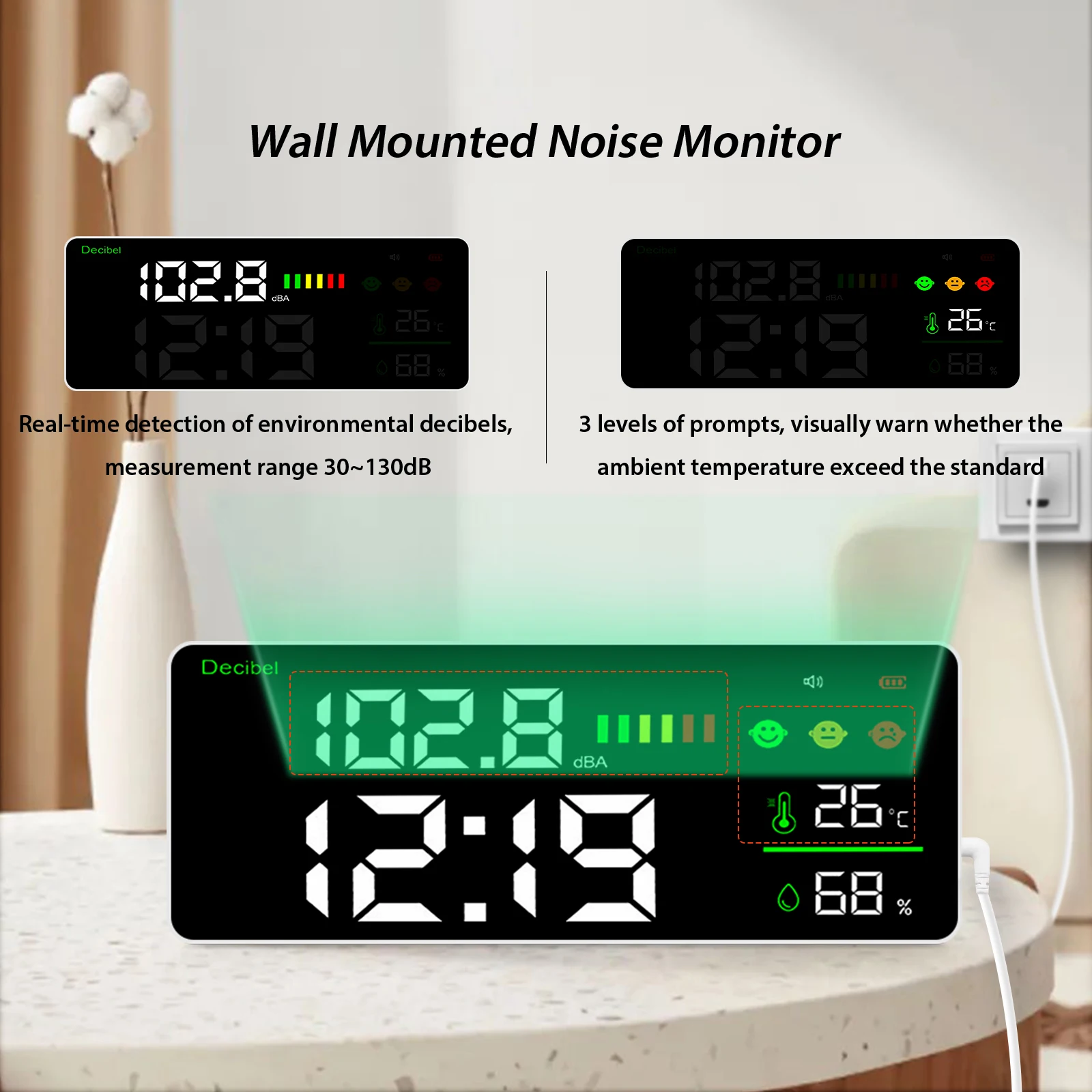 Sleek 4-in-1 Wall-Mountable Sound Level Meter - 11-Inch Vibrant LED Display, 30-130dB Decibel Range, Versatile Noise Monitoring