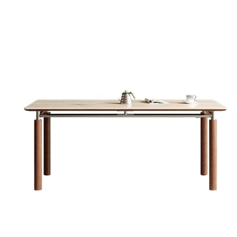 

Rock slab dining table and chair combination travertine medium and ancient style stainless steel ash wood solid wood rock slab