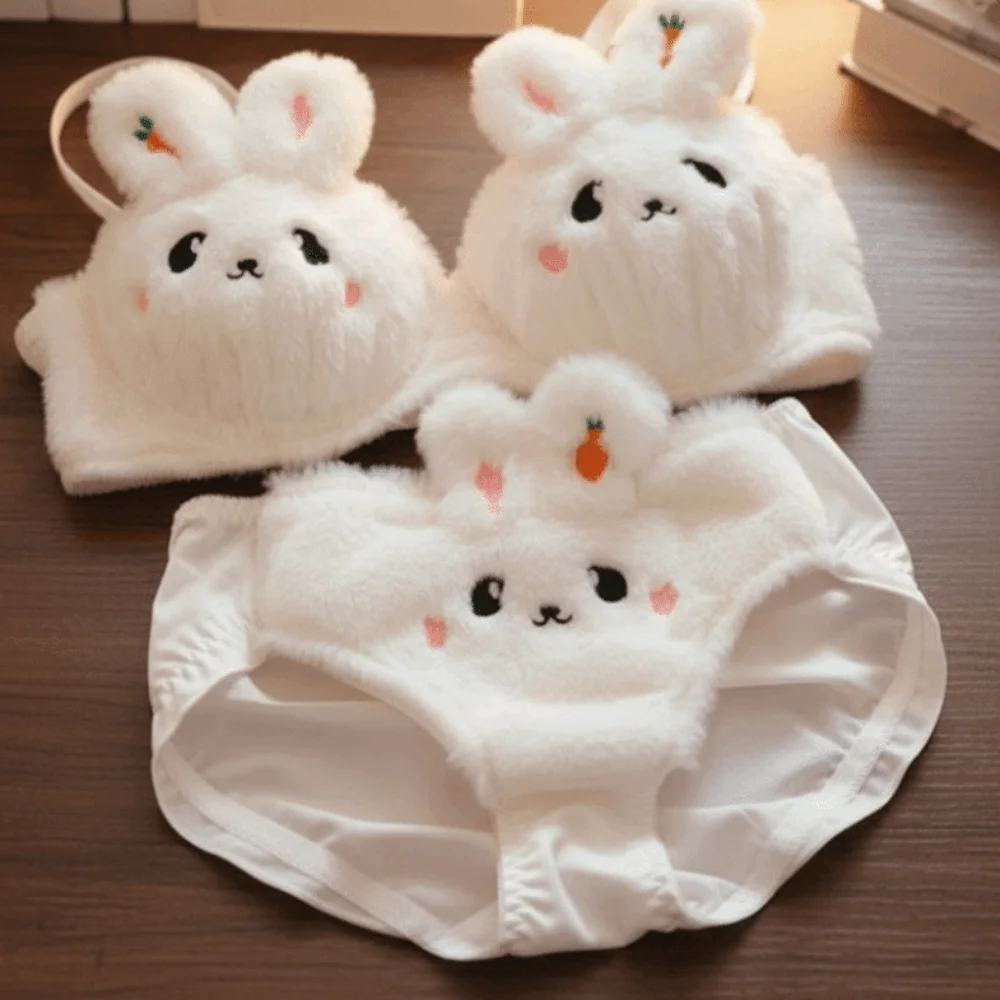 Moda orelhas de coelho de pelúcia sutiã sem fio plissado doce lingerie conjunto cintura baixa íntima feminina conjunto menina