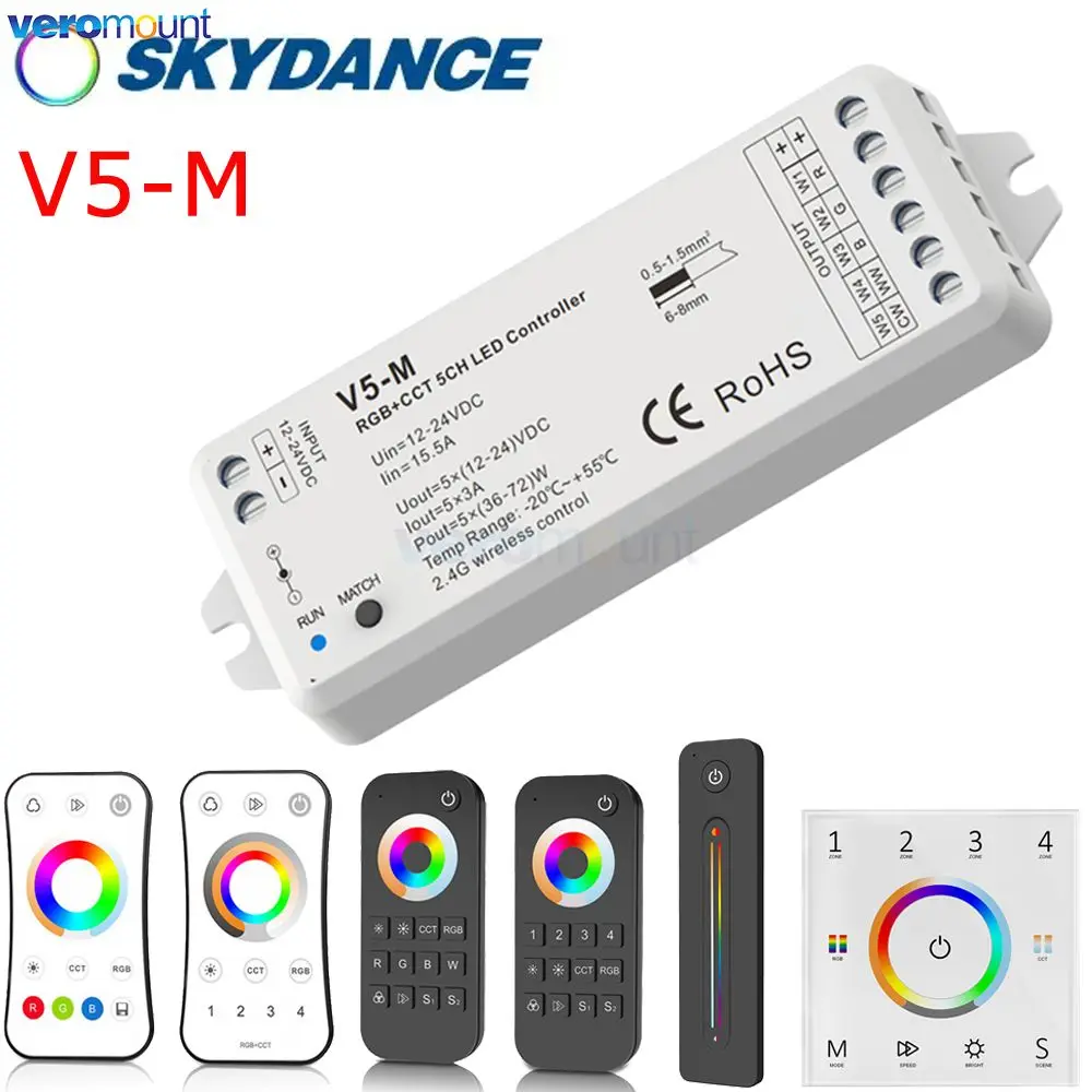 Skydance V5-M RGB+CCT LED Controller 12V 24V 5CH RGB CCT RGBW RGBWW LED Strip Controller Smart Wifi RF Wireless Touch Remote