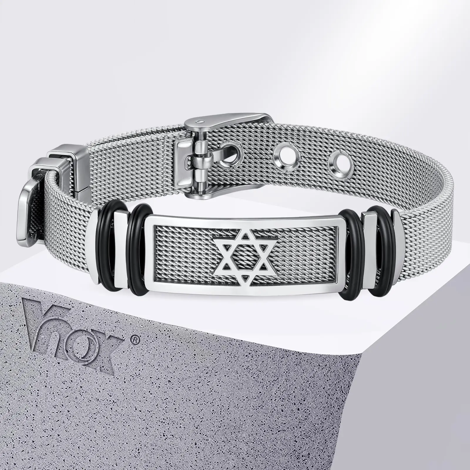 Vnox Stainless Steel Hexagram Star Bracelet for Men Boys, Star Mesh Watch Strap Bangle Adjustable Wristband Fashion Jewelry Gift