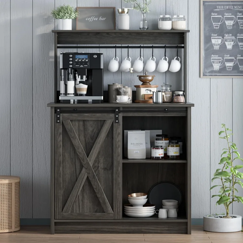 Farmhouse Coffee Bar Cabinet with Storage, Gray Coffee Bar with 6 Hooks, Coffee Bar Table with Sliding Barn Door