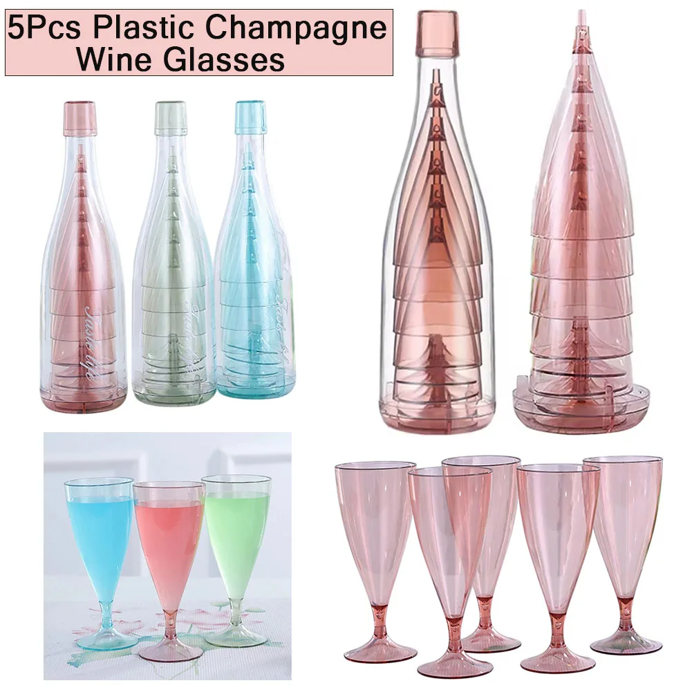 

5pcsFoldable Plastic Champagne Wine Glasses Set Disposable Cups Sparkling Champagne Bar Cups Plastic Champagne Toasting Glasses
