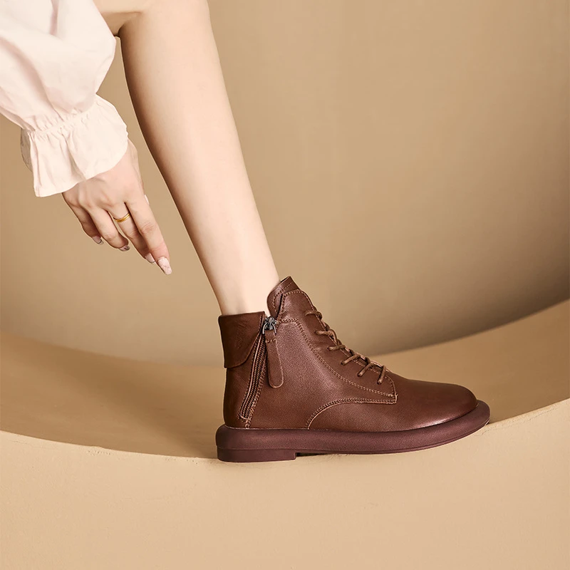 Women Brown Leather Ankle Boots 2026 New Lace Up With Back Zipper Low Flat Sole Casual Comfortable For Autumn And Winter New
