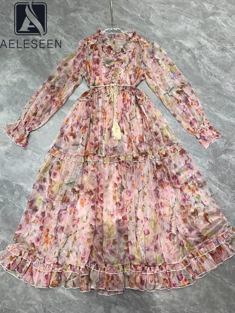 

AELESEEN Bohemian Long Party Dress Women Spring Summer Lantern Sleeve Ruffles Flower Printed Loose With Lining Party Holiday