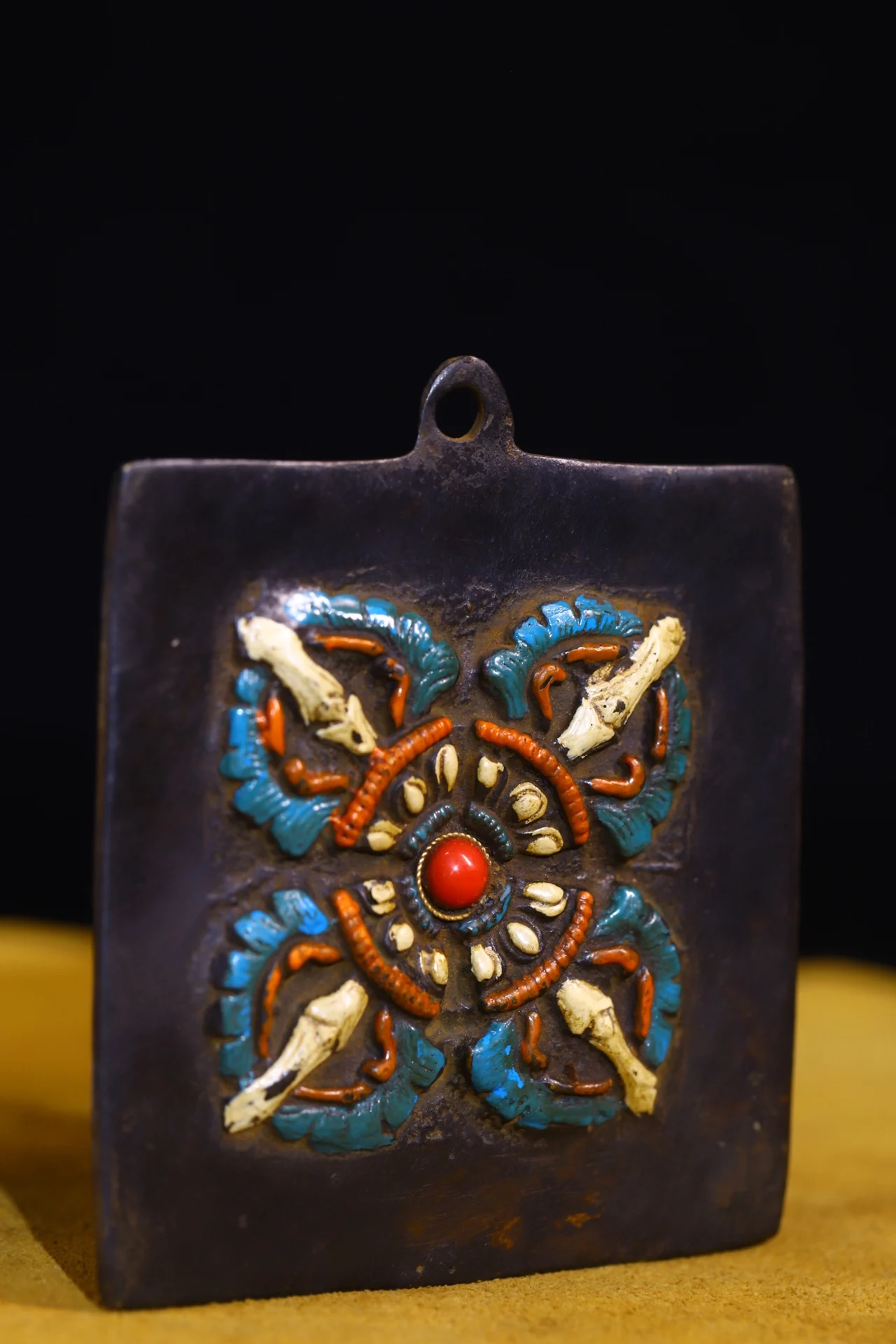 

4"Tibetan Temple Collection Old Bronze Painted Jiugong gossip card Cross Vajra Amulet pendant Town house Exorcism magic weapon