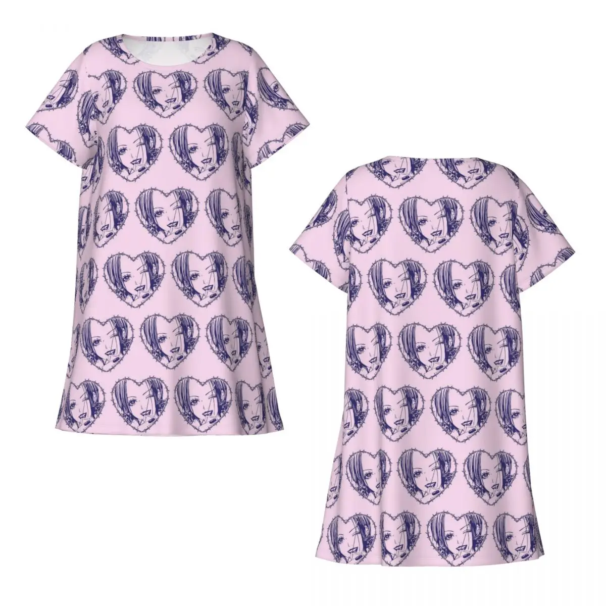 Nana Osaki Barbed Wire Heart Spread Short Sleeves Nightdress For Sleeping Women Short Sleeve Nightgowns Loose Pajama Dress