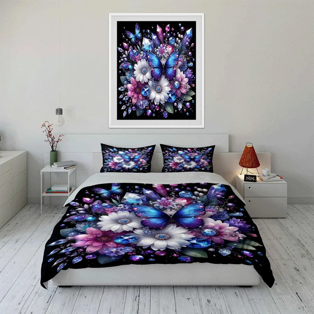 "Elegant Butterfly and Floral Set" Exquisite three-piece bedding set gift for kids and adults