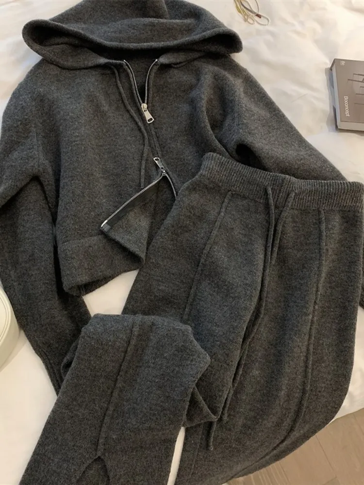 Autumn Women Knitted Tracksuit Zipper Solid Color Streetwear Casual Hooded Sweater High Waist Split Wide Leg Pants Two Piece Set