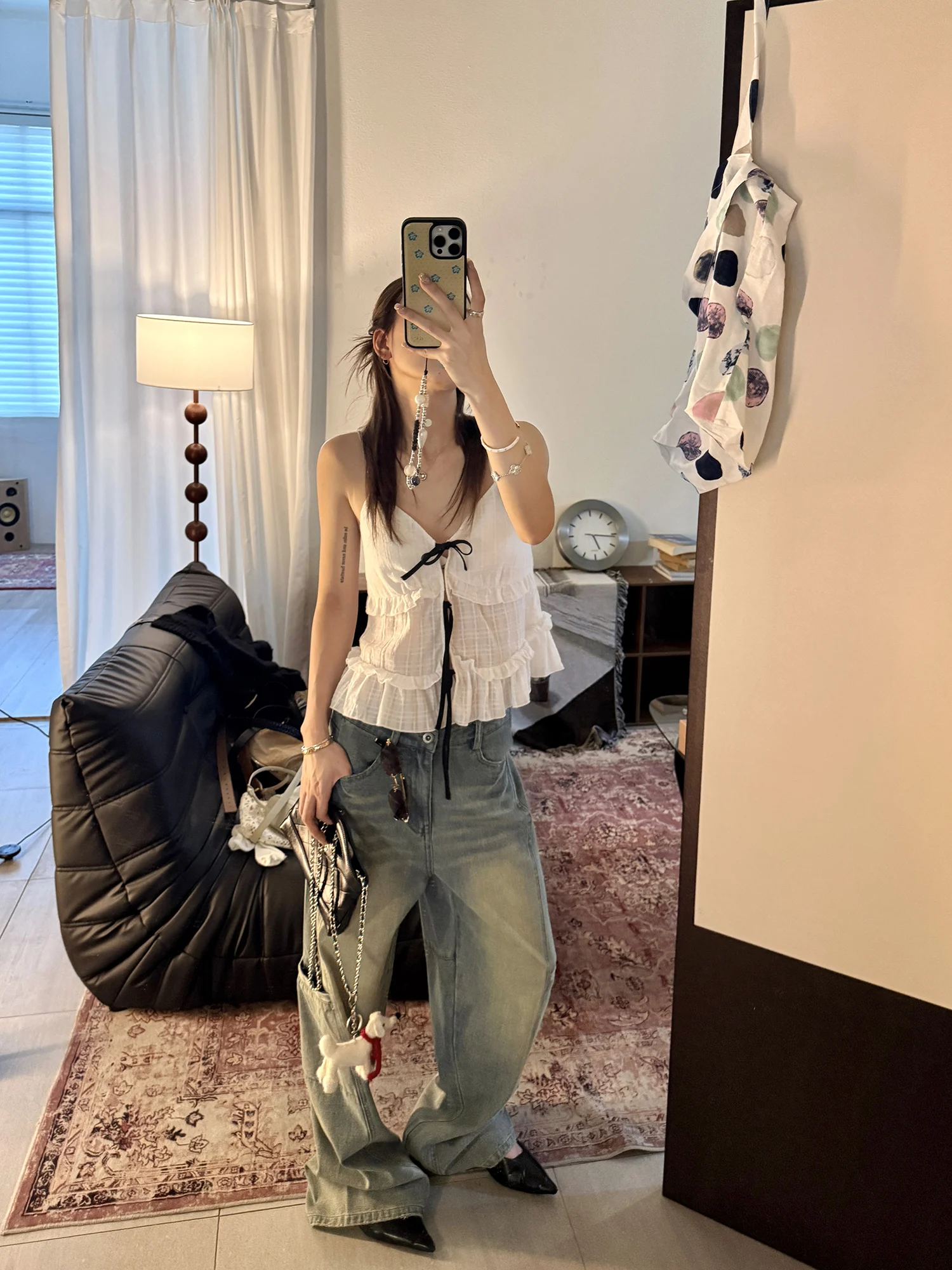 

LelyMooch Women's Bla Polka Dot Cotton Blend Neline Strap Vest Layering Top Breathable V-ne Lace Trim Belted irt