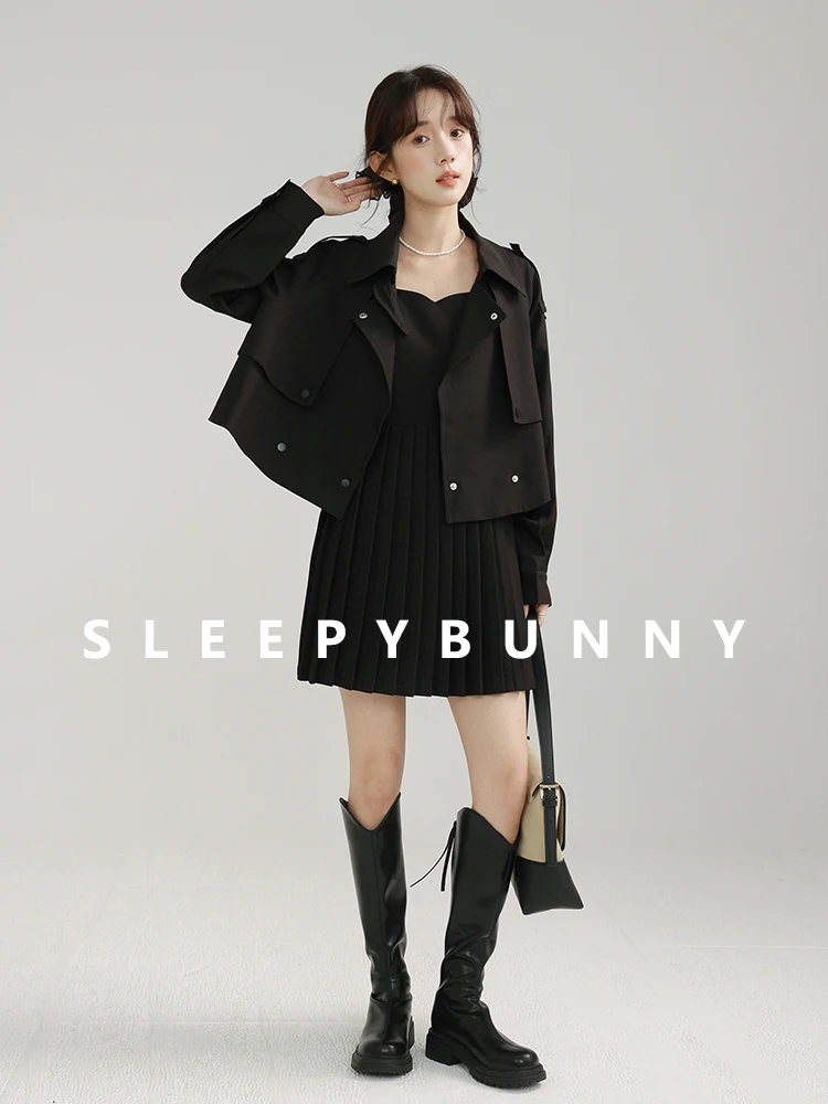 

Trendy Two Piece Set Loose Short Jacket with Spaghetti Strap Pleated Dress Autumn Casual Fashion Slimming Elegant Outfit Women