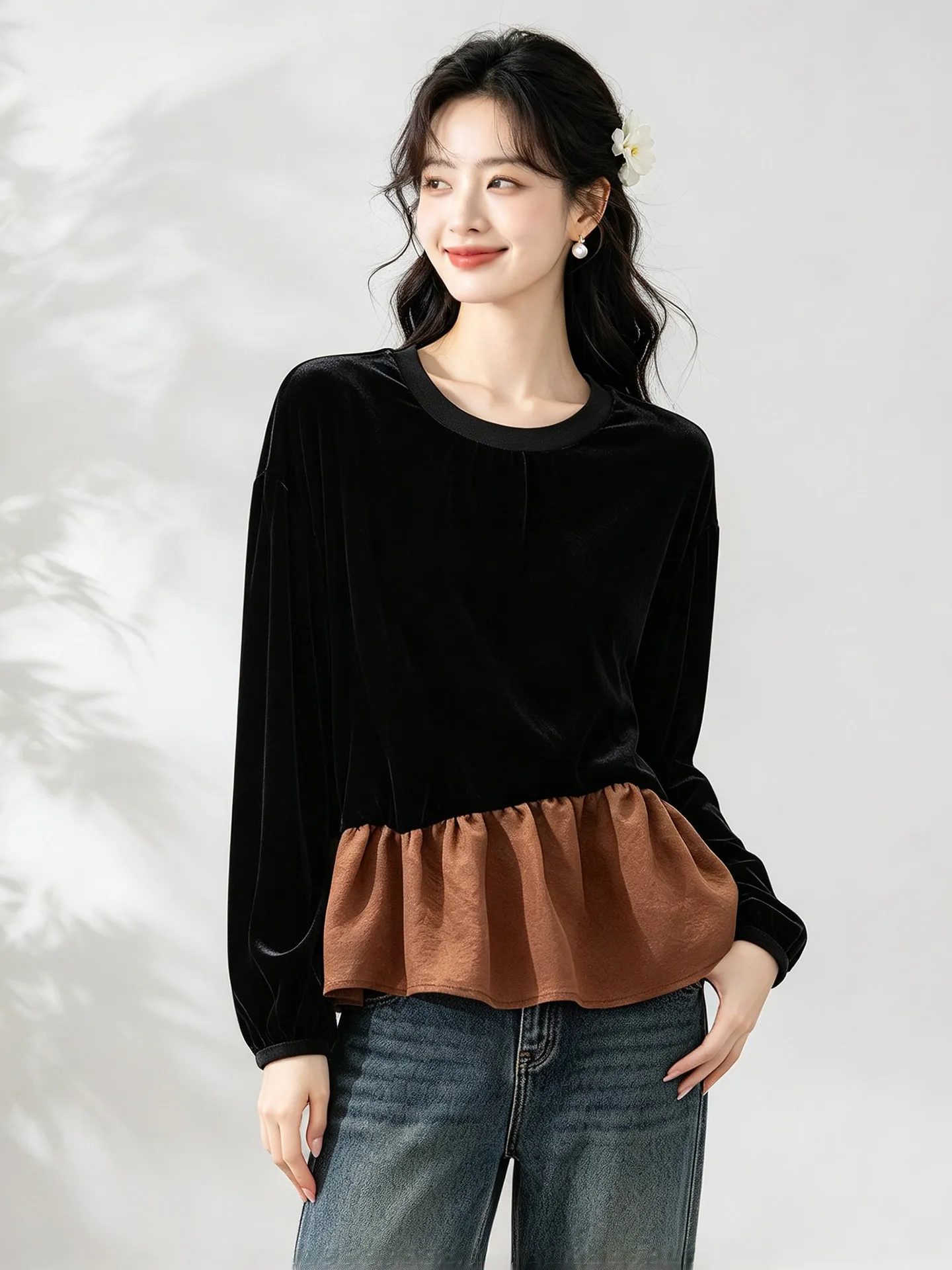 Winsleter-Silk Velvet Elegant T-Shirt, O Neck Long Sleeve Ruffles, Women Age Reduction Loose Doll Tops, 2026 Autumn New T6O704CC