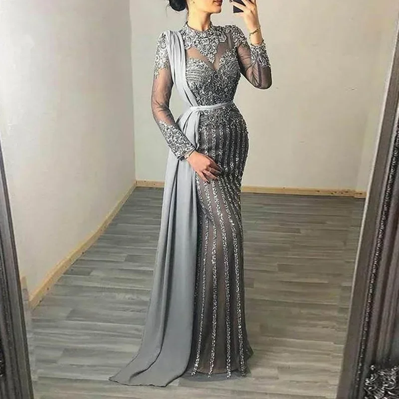 2024 New arrival women luxury temperament see-through slim fit evening dress high waist elegant tailing gown for ladies