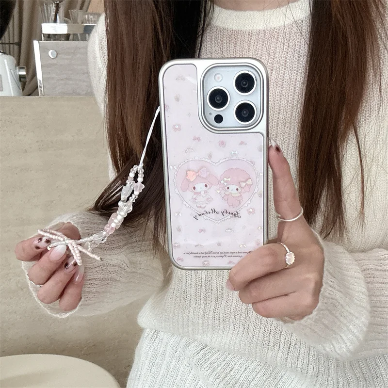 

Korean Pink Cute Melody Phone Case For iPhone 17 Pro 14 15 16 Pro Max Cover with Chain Cartoon Protective Cases For Apple 16Prom