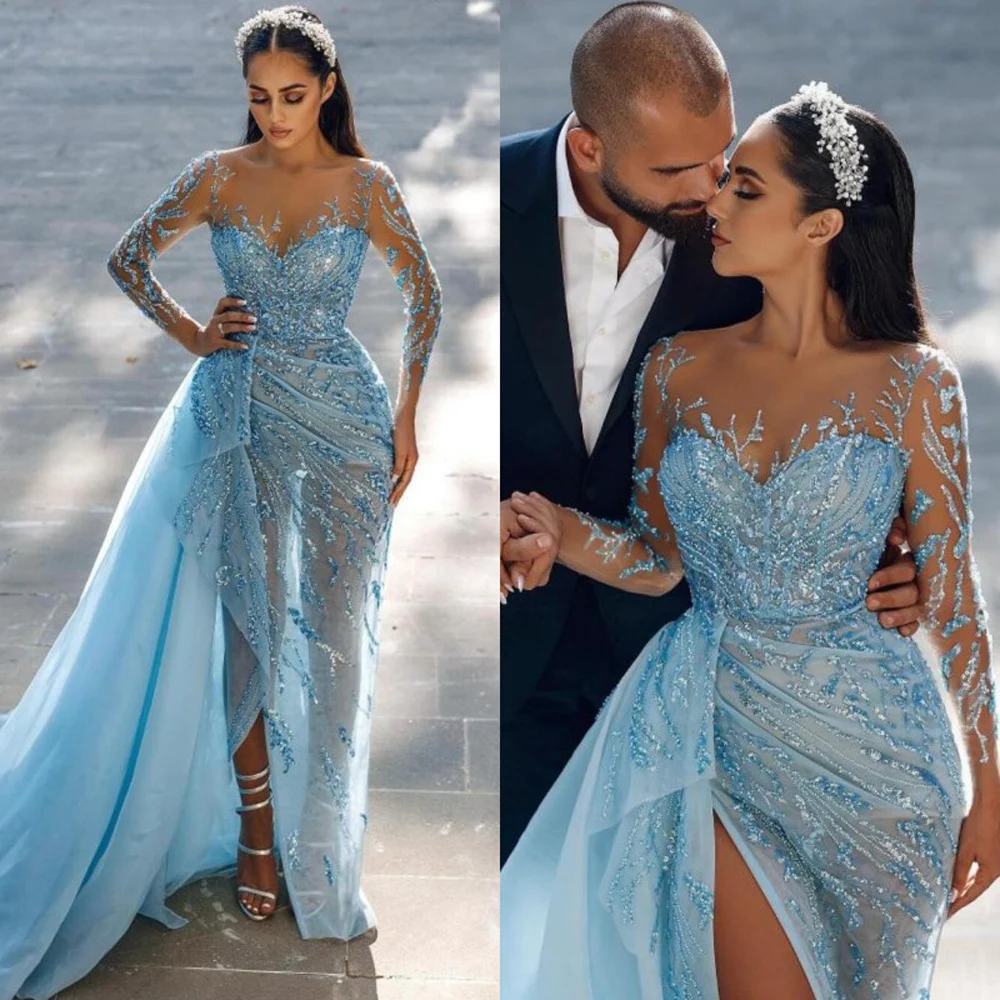 Blue Gillter Sequined Beading Evening Dresses Full Sleeves High Side Split Mermaid Formal Party Prom Gowns Vestido De Fiesta