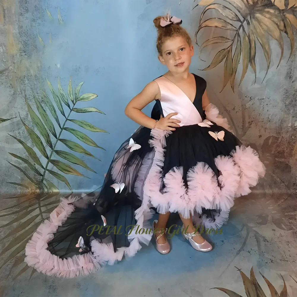 

Petal V Neck Flower Girl Dress with Detachable Train Princess Girls Dress with Butterflies A Line Kids Birthday Dress Customized