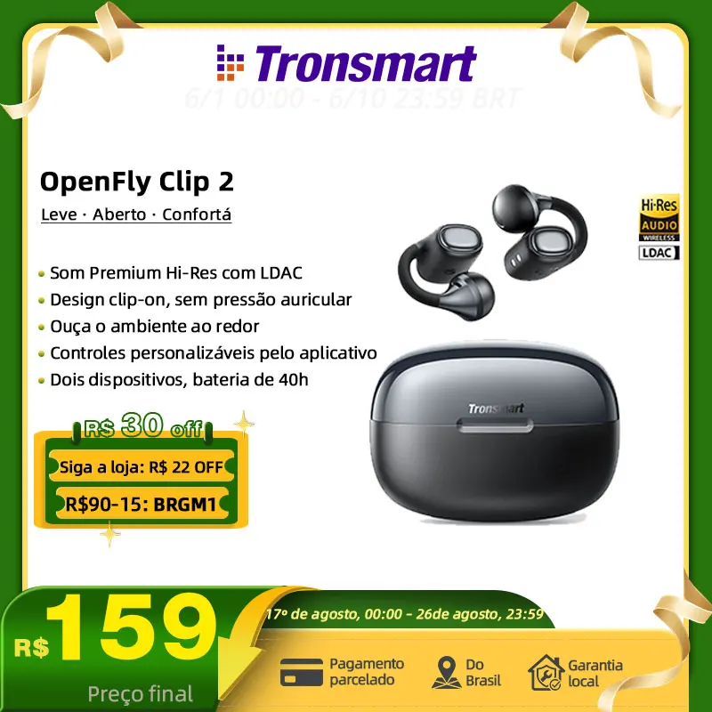 NO BRASIL -   Fone de Ouvido Bluetooth Tronsmart  OpenFly Clip 2 BT 6.0   🆘🇧🇷