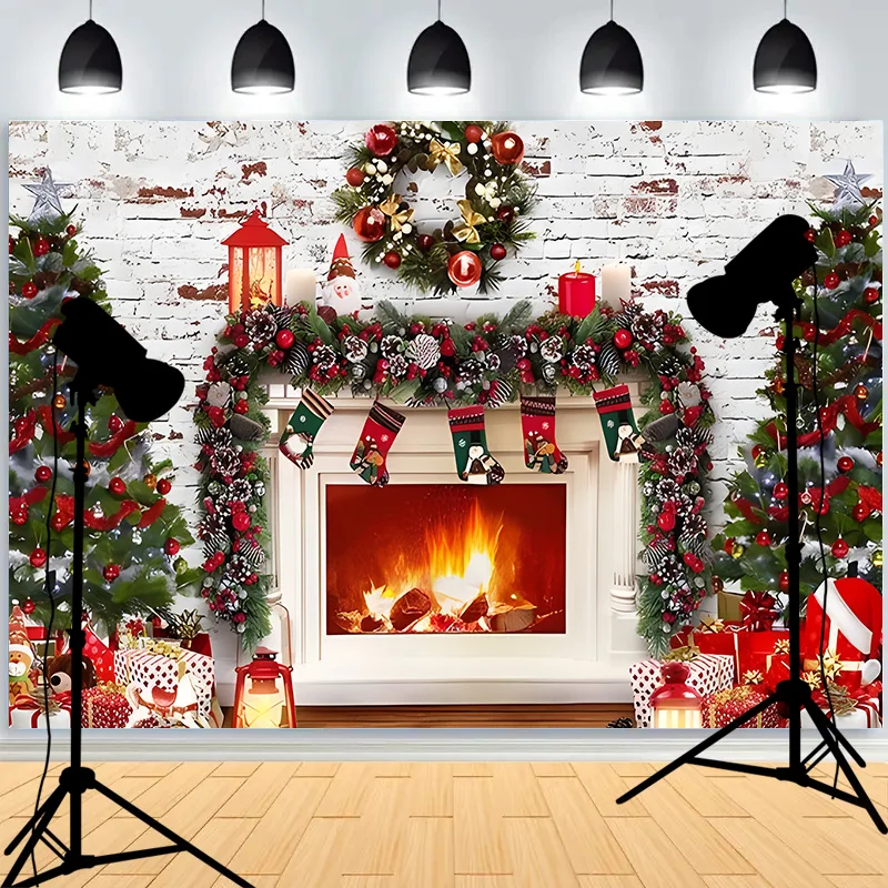  Christmas Tree String Lights Snowflake Gift Box Photography Background Fireplace Colorfast Photo Studio Backdrops JR-40
