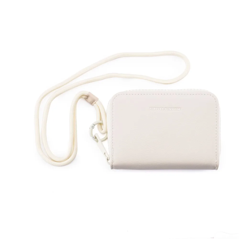 

Ins Men Women Neck Wallet Solid Color Pu Leather Short Wallet Zipper with Lanyard Student Purse Card Pocket