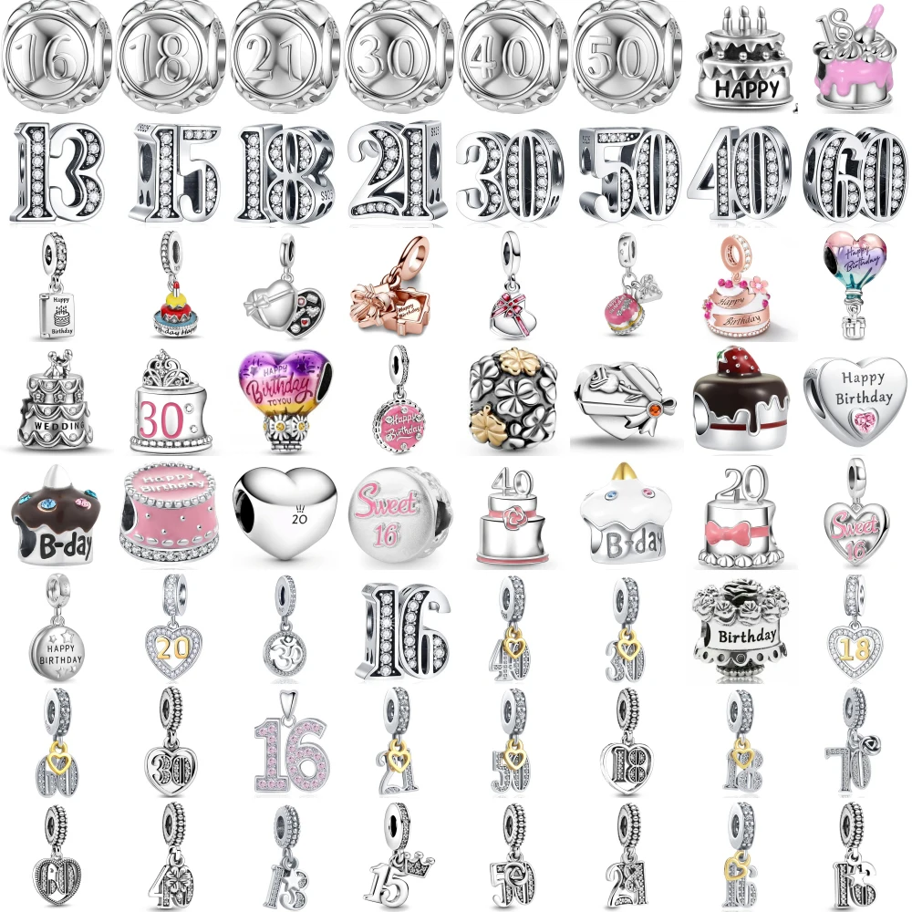 New 925 Silvering Happy Birthday Cake Champagne Box Birth Number Charm Bead Fit Original Pandora Bracelets Birthday DIY Jewelry